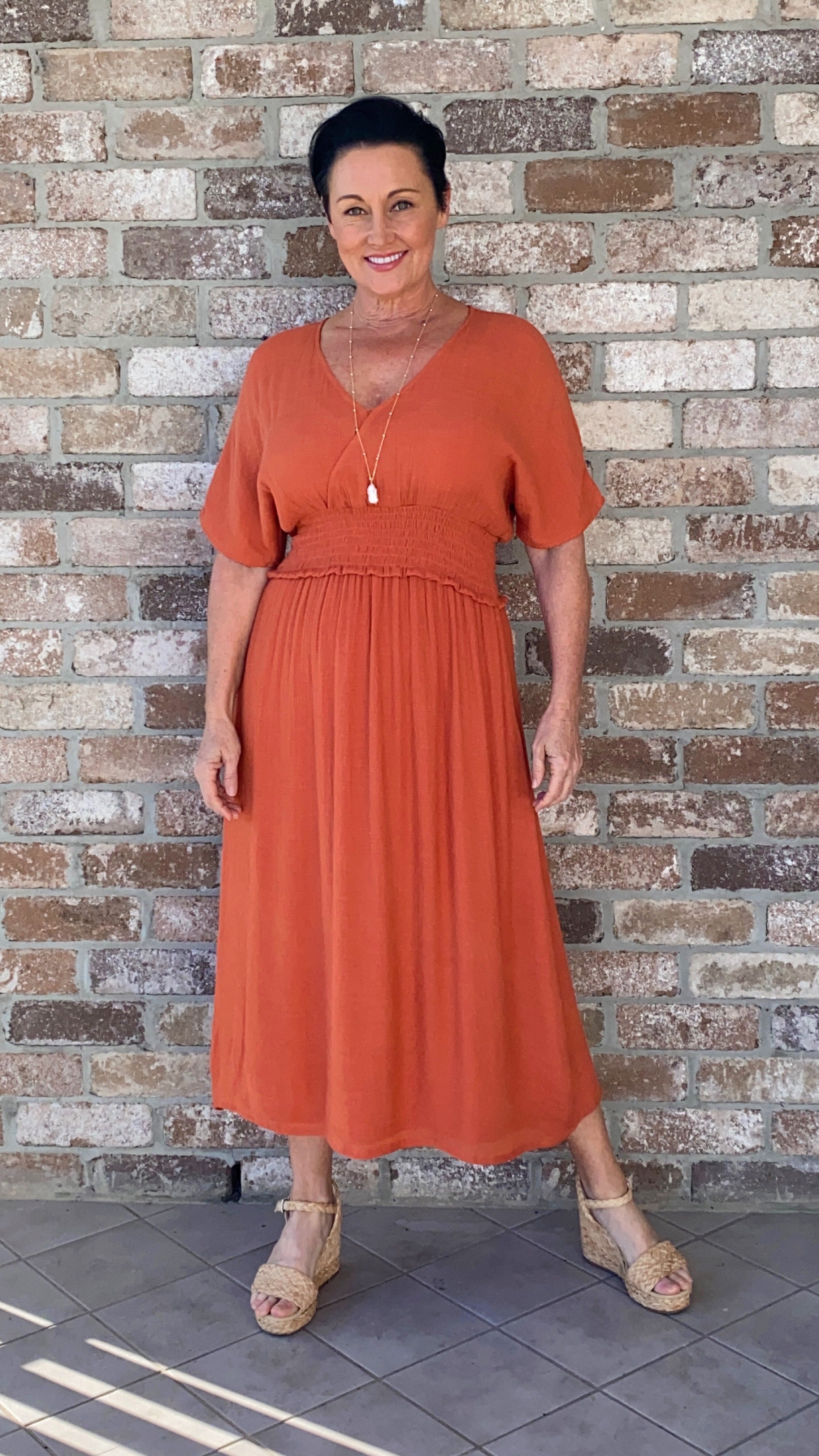 NEW COLOUR and SIZES Poppy Dress in Rust White Amber Label